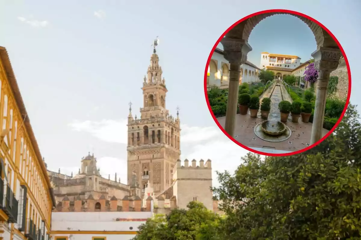 Imagen de la Giralda de Sevilla con un recuadro que muestra un jardín con fuente y arcos. Imagen de la Giralda de Sevilla con un recuadro que muestra un jardín con fuente y arcos.