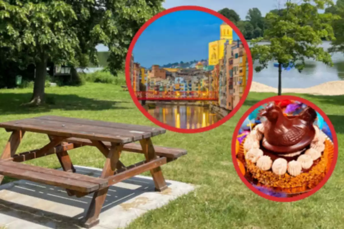 Una mesa frente a un lago y una imagen de Girona y otra de una mona de pascua
