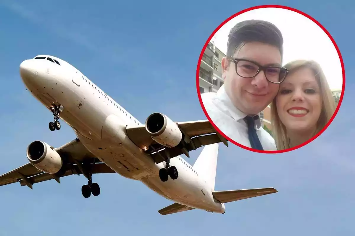 Imagen de fondo de un avión en el cielo y otra de una pareja, Giuseppe Stilo y su mujer