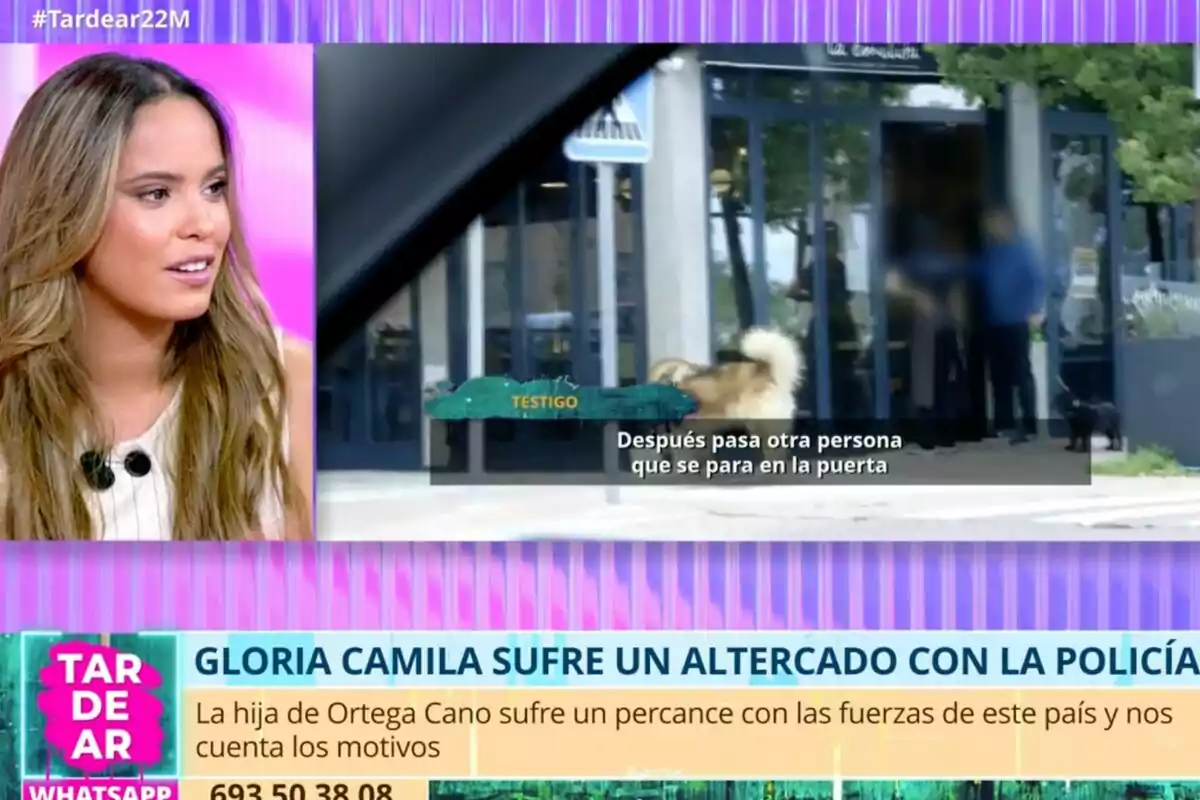 Gloria Camila aparece en 'Tardear' con un fondo rosa, mientras en otra imagen se muestra la entrada de un edificio con un perro y varias personas; el texto en pantalla menciona un altercado con la policía relacionado con la hija de Ortega Cano. Gloria Camila aparece en 'Tardear' con un fondo rosa, mientras en otra imagen se muestra la entrada de un edificio con un perro y varias personas; el texto en pantalla menciona un altercado con la policía relacionado con la hija de Ortega Cano.