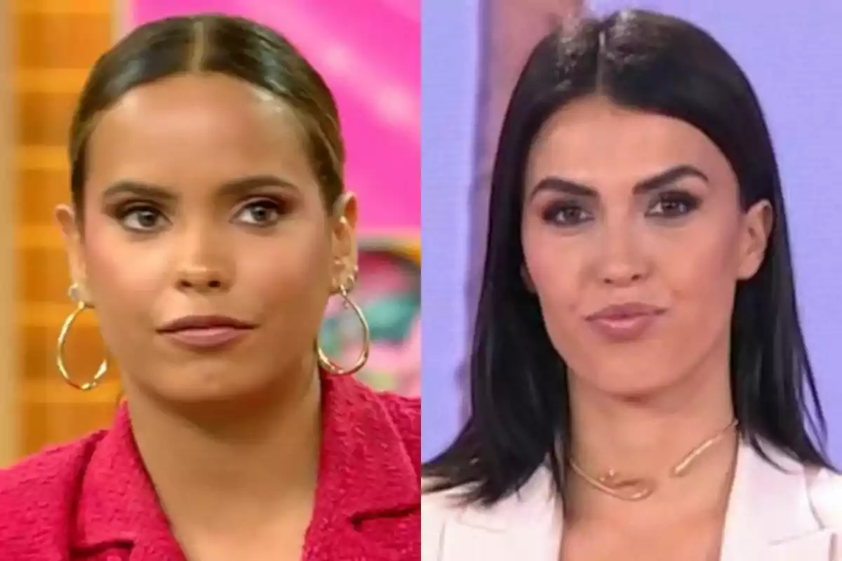 Dos mujeres jóvenes mirando al frente, Gloria Camila con el cabello recogido en Fiesta y Sofía Suescun con el cabello suelto en Socialité, ambas con expresión seria y fondo de colores diferentes.