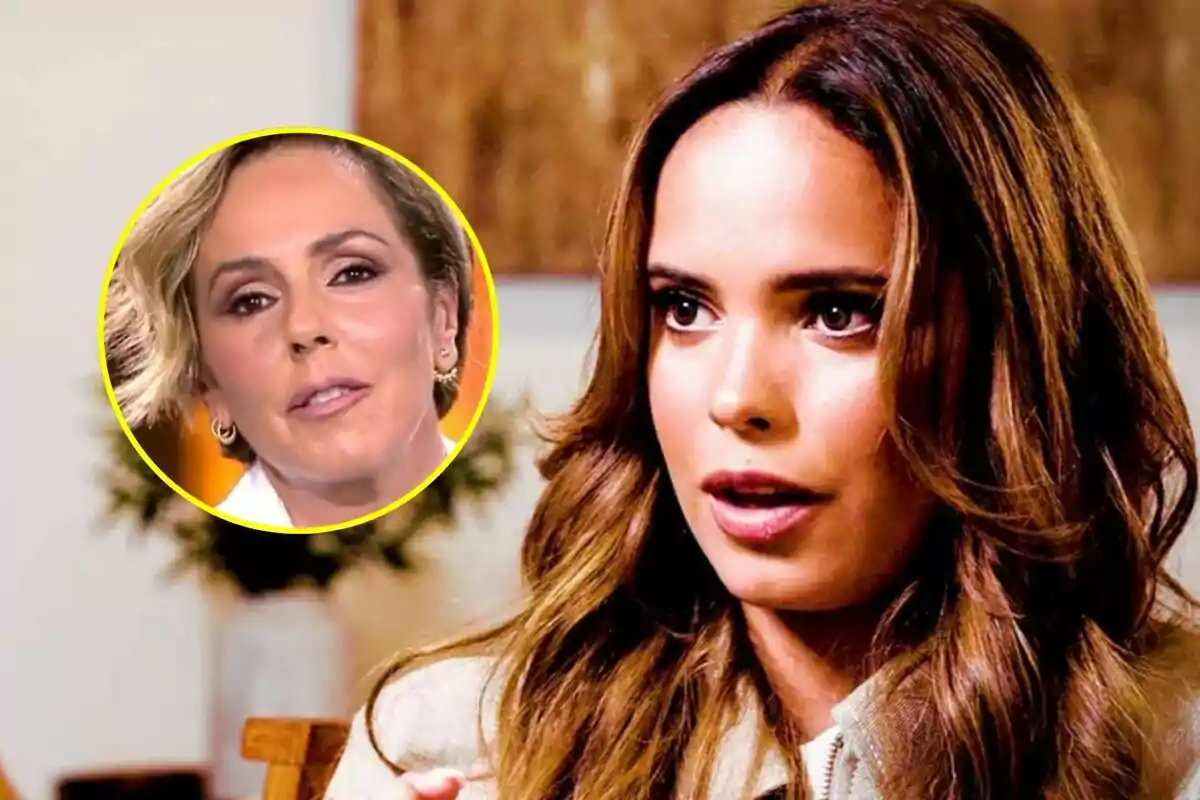 Gloria Camila de cabello castaño claro en De Viernes aparece en primer plano, mientras que en la esquina superior izquierda hay un recuadro circular con Rocio Carrasco de cabello corto y rubio.
