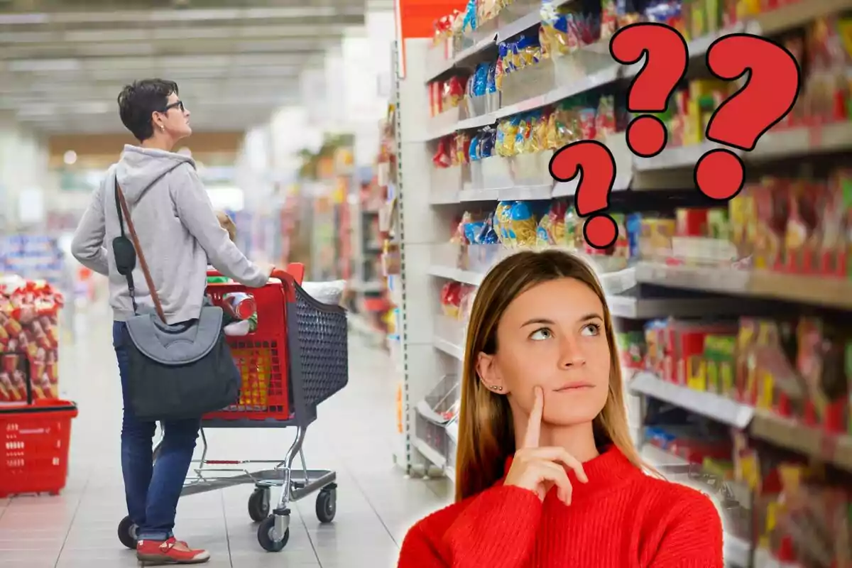 Persona en un supermercado y otra pensando