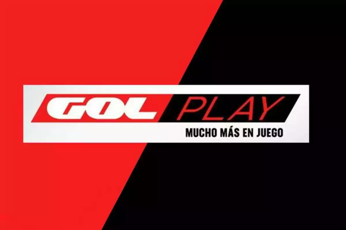 Logo de Gol Play con el eslogan mucho más en juego sobre un fondo dividido en rojo y negro