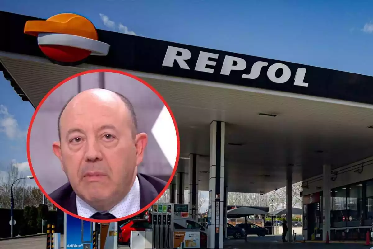 Montaje con Gonzalo Bernardos y una gasolinera de Repsol