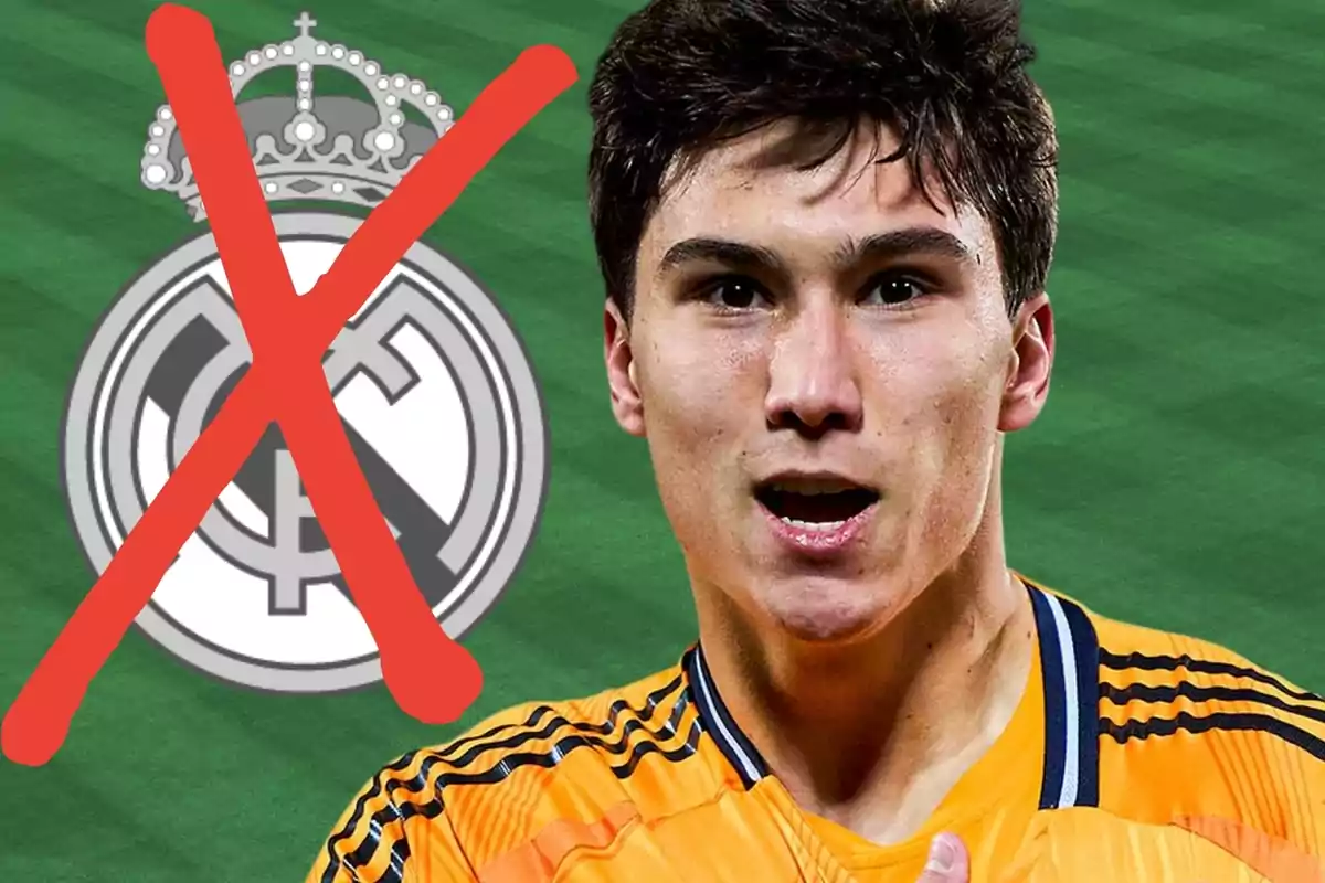 Un jugador de fútbol con una camiseta naranja aparece frente a un logo del Real Madrid que tiene una gran X roja sobre él. Un jugador de fútbol con una camiseta naranja aparece frente a un logo del Real Madrid que tiene una gran X roja sobre él.