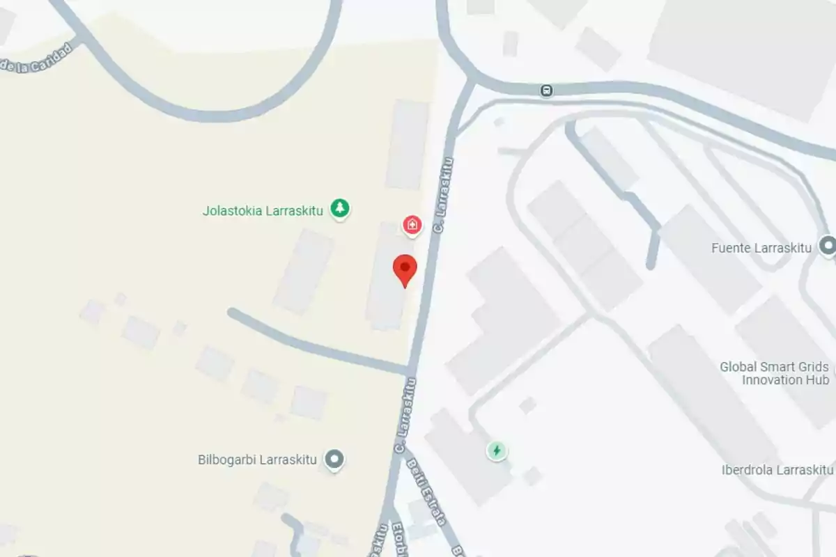 Mapa de una zona urbana con la ubicación marcada cerca de la calle Larraskitu de Bilbao y varios puntos de interés como Jolastokia Larraskitu y Global Smart Grids Innovation Hub. Mapa de una zona urbana con la ubicación marcada cerca de la calle Larraskitu de Bilbao y varios puntos de interés como Jolastokia Larraskitu y Global Smart Grids Innovation Hub.