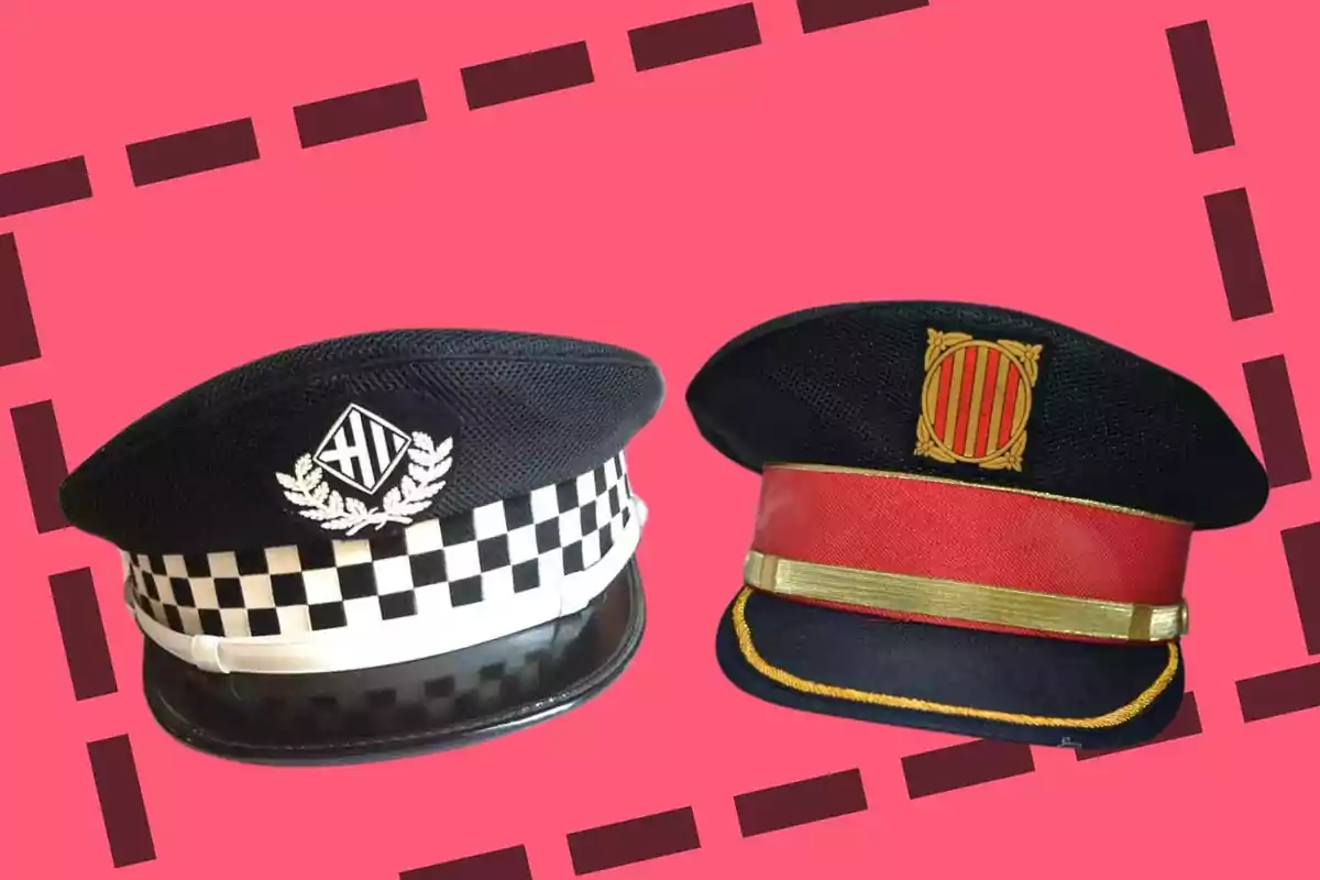 Dos gorras de uniforme de policía sobre un fondo rosa con un marco de líneas discontinuas.