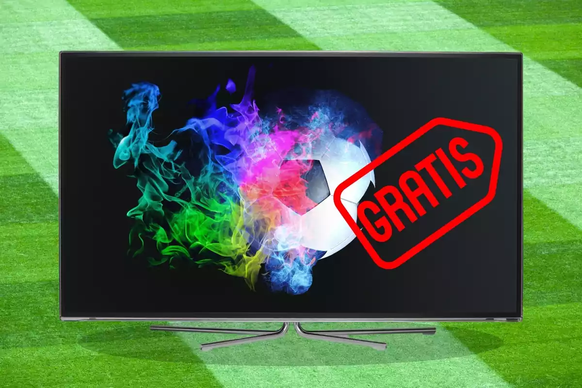 Imagen de una pelota de fútbol de colores dentro de una TV con el símbolo gratis a su lado