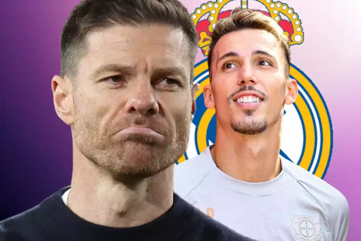 Dos hombres en primer plano con una expresión seria y sonriente respectivamente, con un fondo que incluye un escudo deportivo.