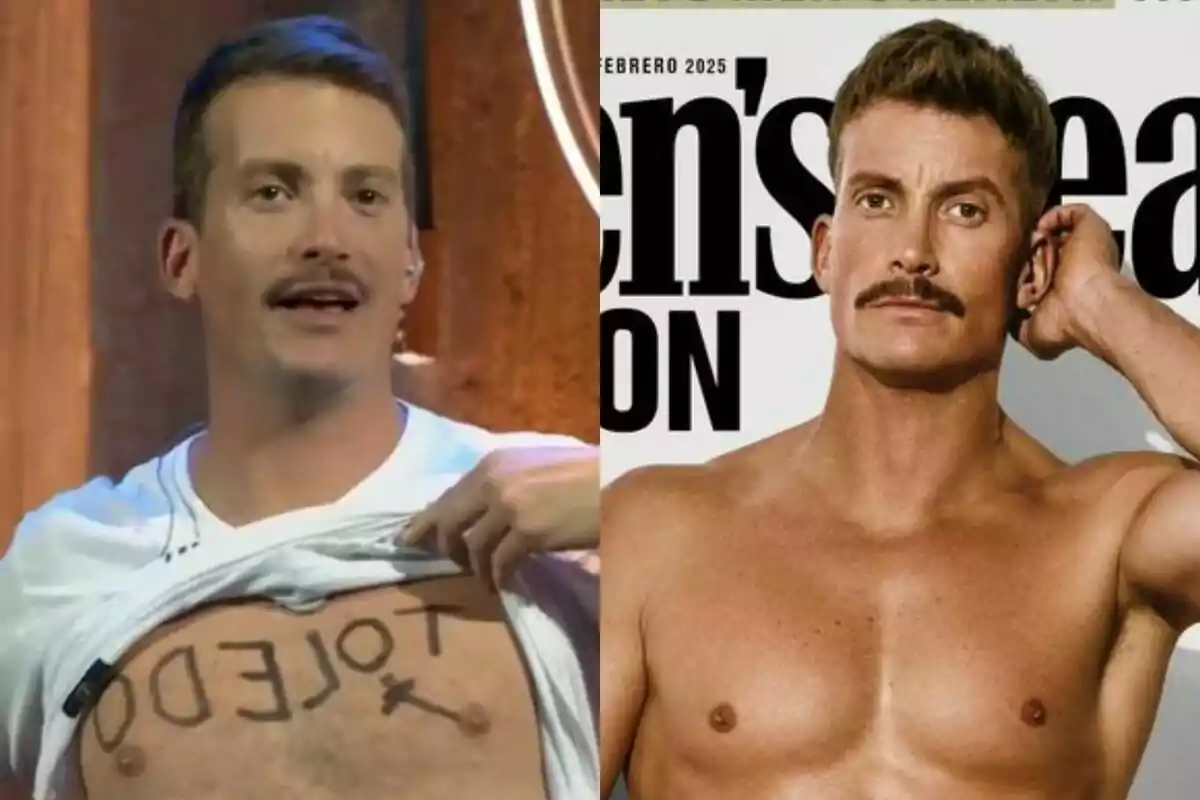 Grison con bigote muestra un mensaje escrito en su pecho en una imagen, mientras que en la otra posa sin camisa para la portada de una revista.