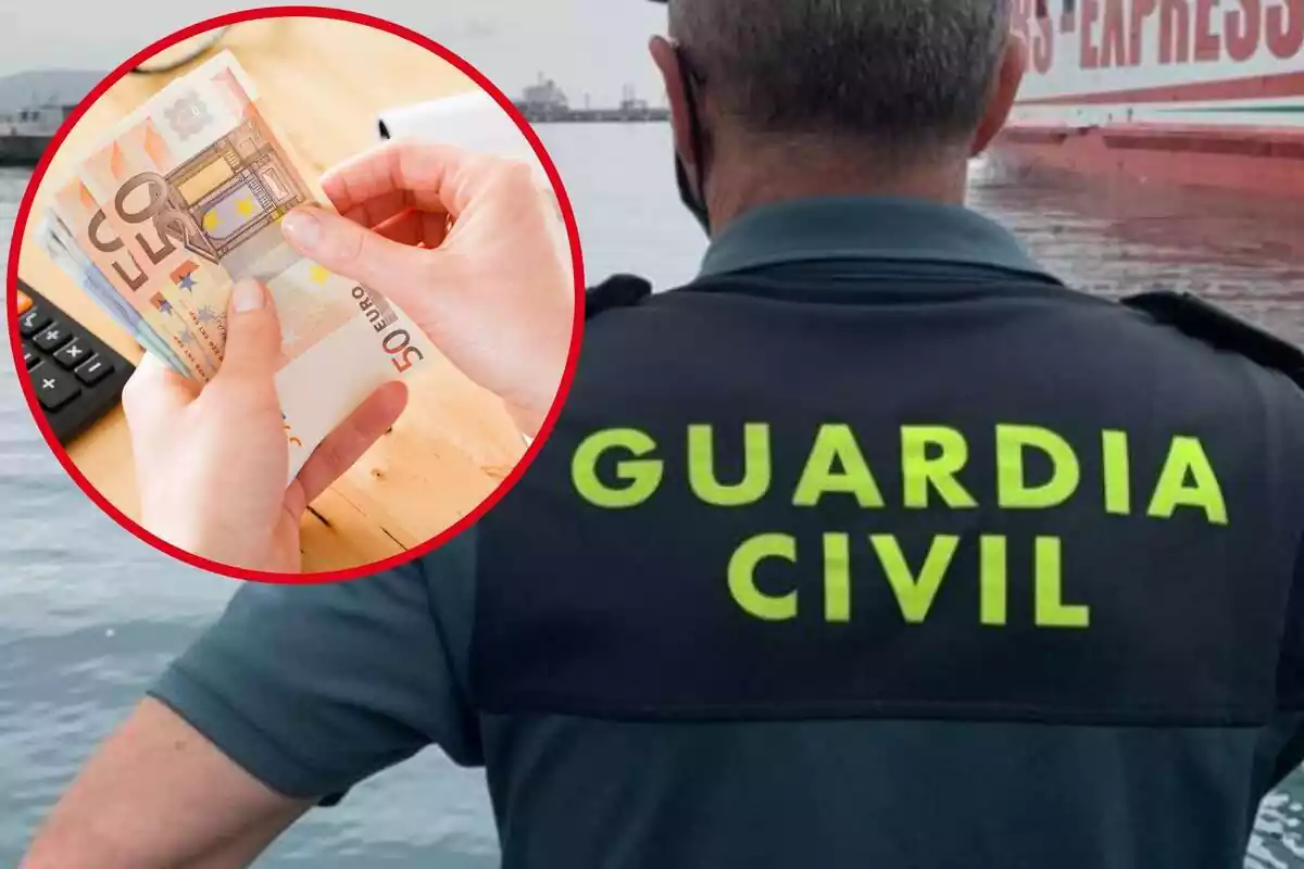 Imagen de fondo de un agente de la Guardia Civil y otra imagen de una manos con varios billetes de 50 euros