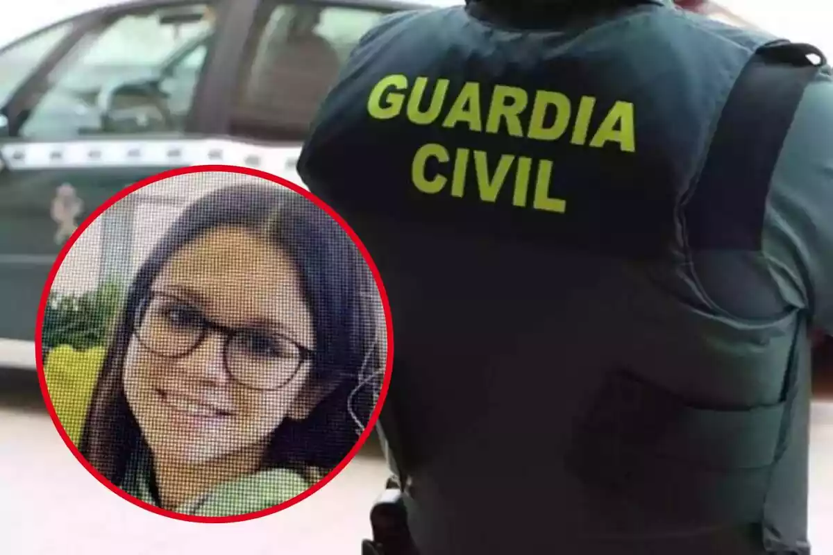 Imagen de fondo de un agente de la Guardia Civil junto a un coche oficial y en primer plano una fotografía de una joven llamada Marta, desaparecida en Mallorca, Inca