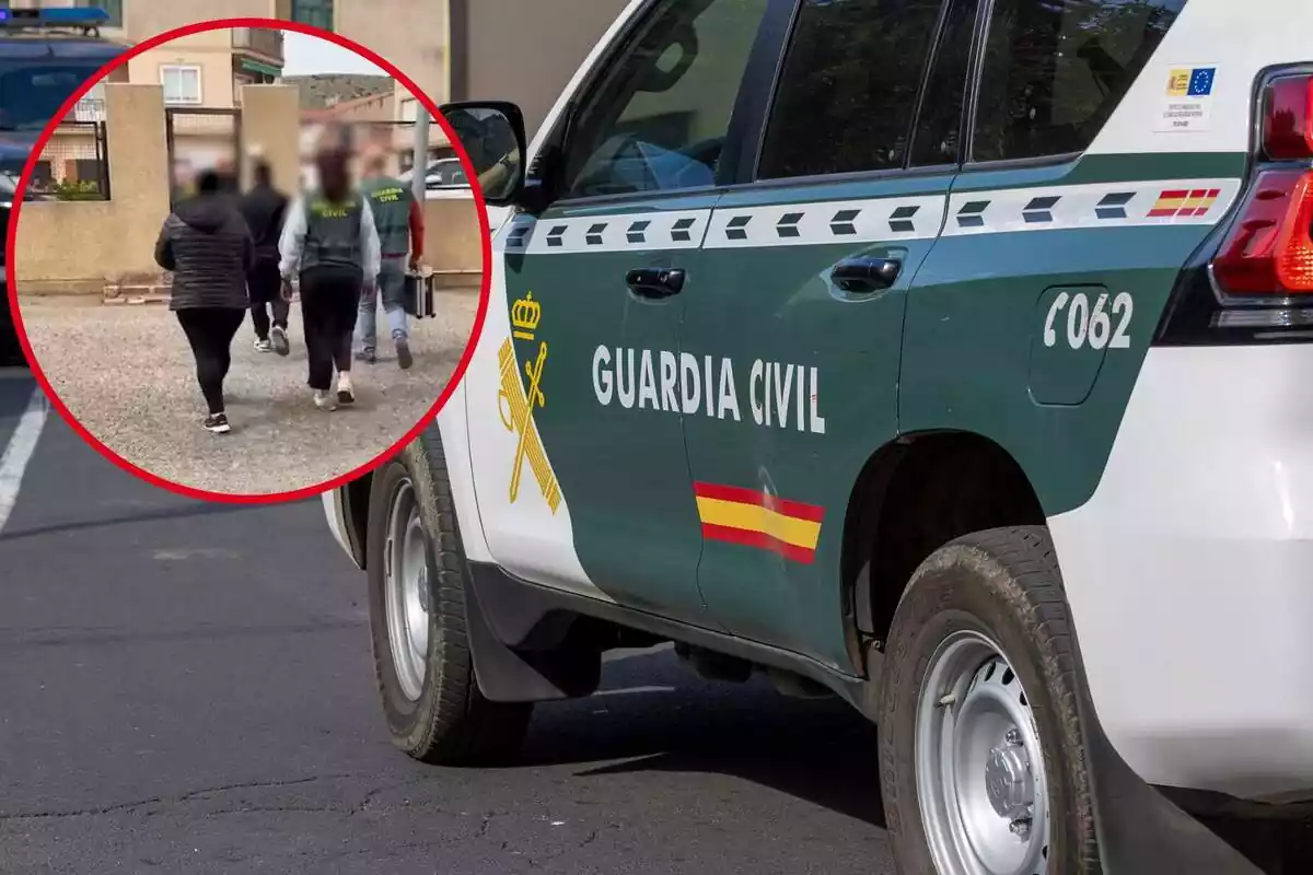 Imagen de fondo de un coche de la Guardia Civil junto a otra imagen de agentes de la Guardia Civil en una operación contra la trata de seres humanos