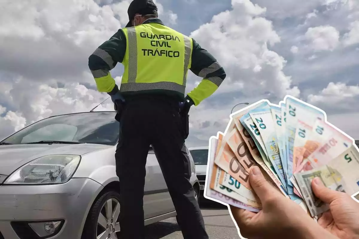 Imagen de un coche junto a un agente de la Guardia Civil y otra de varios billetes de euros