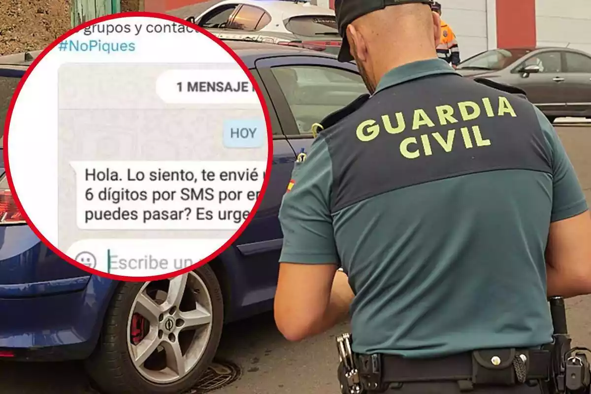 Imagen de fondo de un agente de la Guardia Civil junto a un coche y otra imagen de un mensaje de WhatsApp