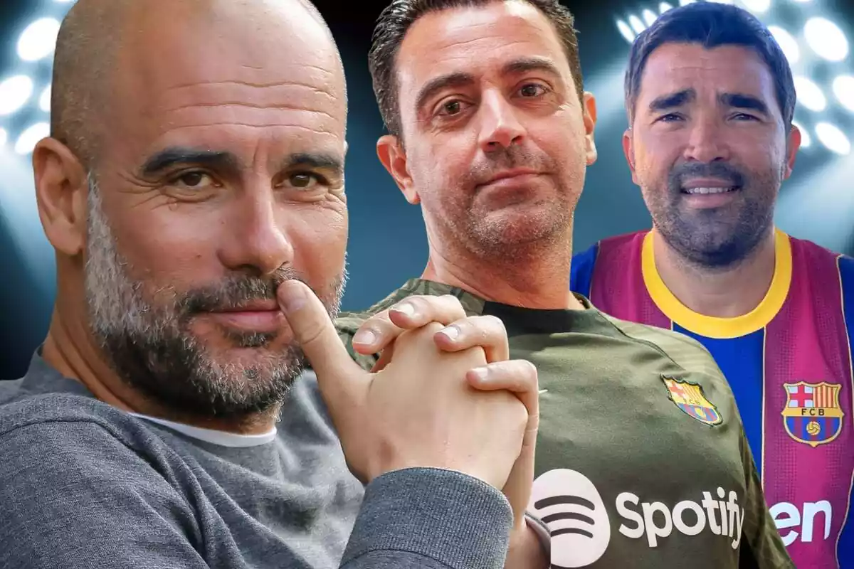 Pep Guardiola con la mano en la boca junto a Xavi Hernández y Deco al fondo