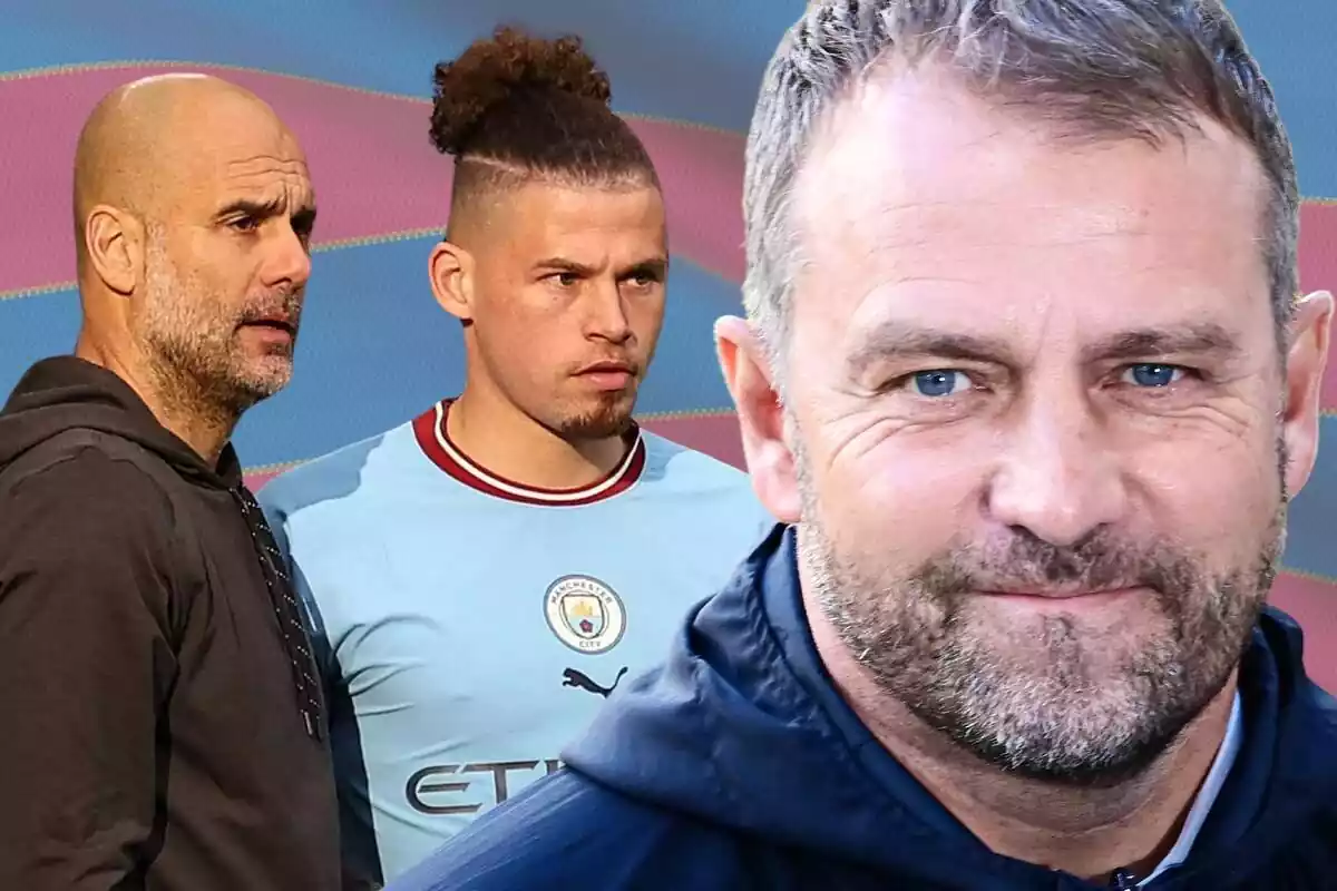 Hansi Flick en primer plano junto a una foto de Pep Guardiola y Kalvin Phillips.