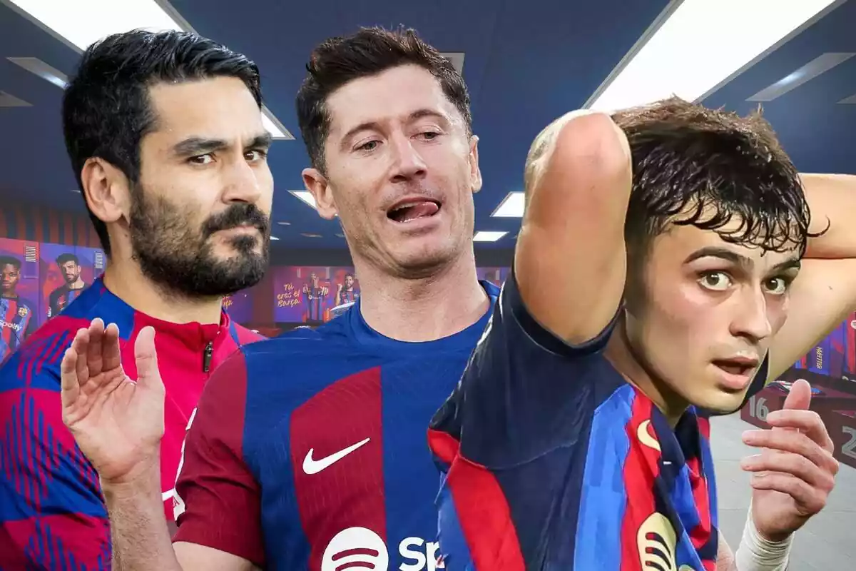 Montaje de Gundogan, Lewandowski y Pedri lamentándose con el vestuario del FC Barcelona al fondo