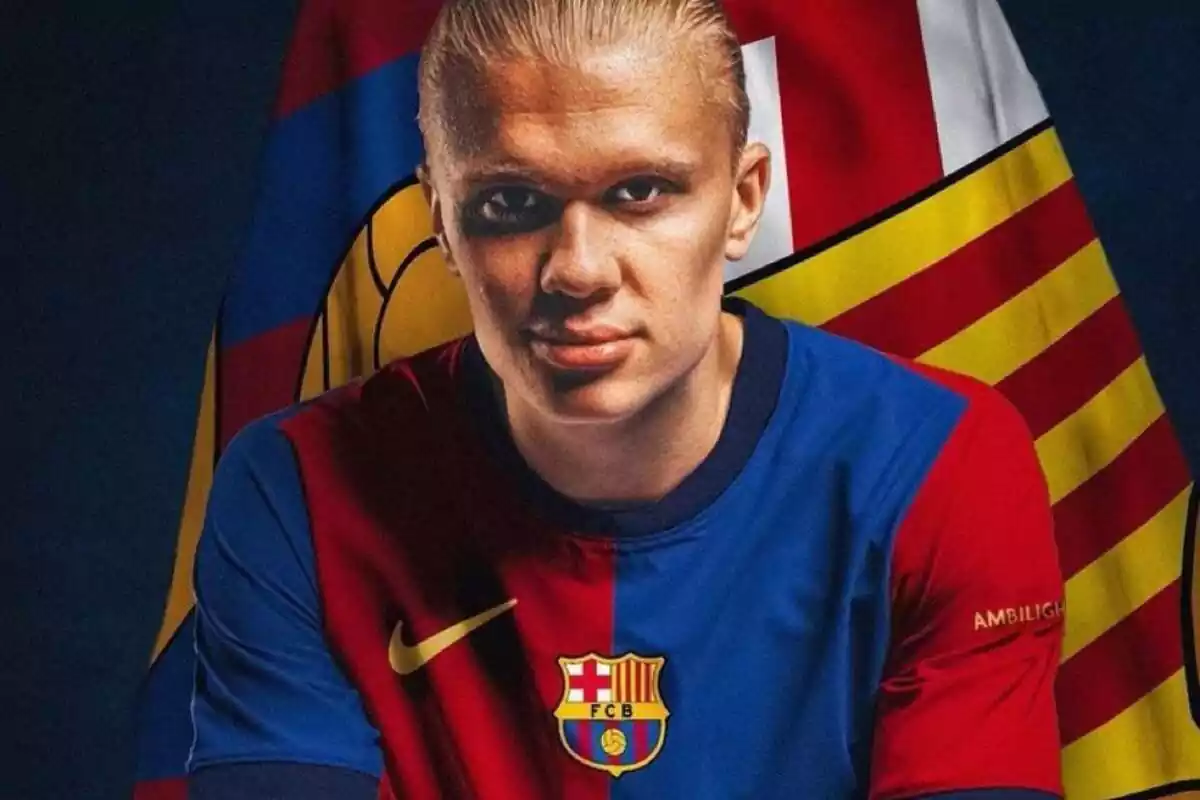 Montaje de Erling Haaland con la camiseta del FC Barcelona mirando a cámara