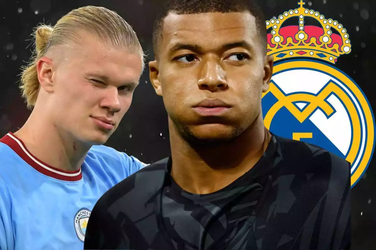 Erling Haaland y Kylian Mbappé delante de un escudo del Real Madrid