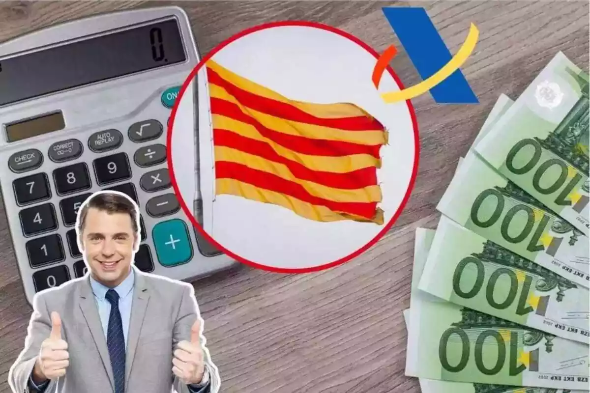 Imagen de fondo de una mesa con una calculadora encima y varios billetes de 100 euros, junto a una imagen de la bandera de Cataluña y otra imagen de un hombre con gesto de aprobación