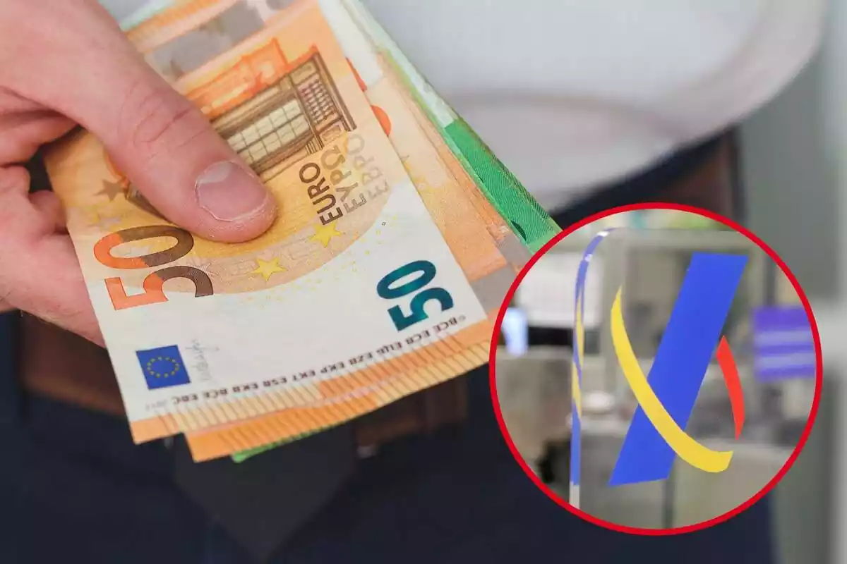 Montaje con una imagen de fondo de una persona con billetes de 50 y 100 euros en la mano y otra imagen con el logo de Hacienda