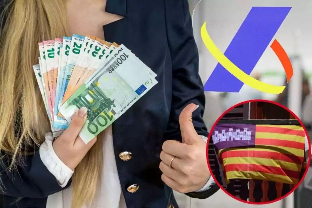 Imagen de una mujer con varios billetes en la mano, junto a otra imagen de un logo de Hacienda y una tercera imagen de la bandera de Baleares