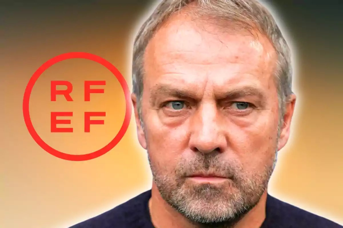 Un hombre con expresión seria y barba, con un logotipo rojo de RFEF a su izquierda sobre un fondo degradado.