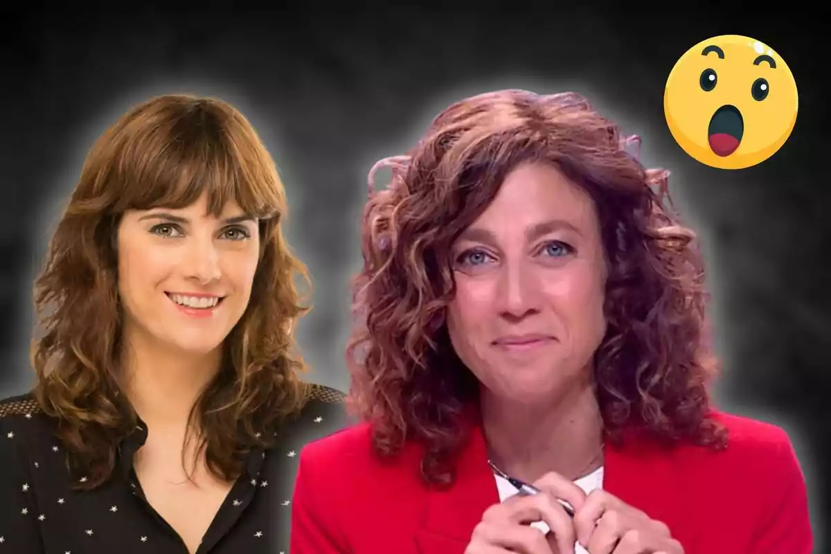 Dos mujeres sonrientes con cabello rizado en un fondo oscuro y un emoji sorprendido en la esquina superior derecha.