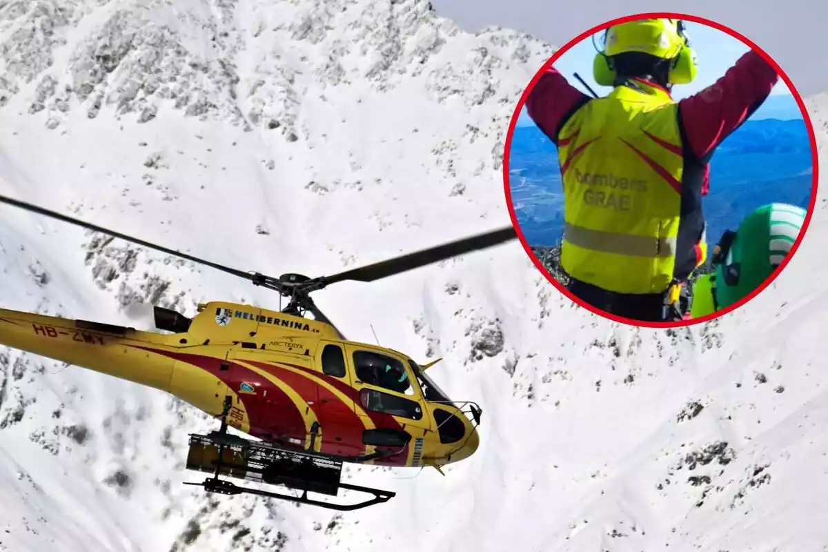 Imagen de un helicóptero sobrevolando una zona de nieve y otra de efectivos de los bomberos GRAE