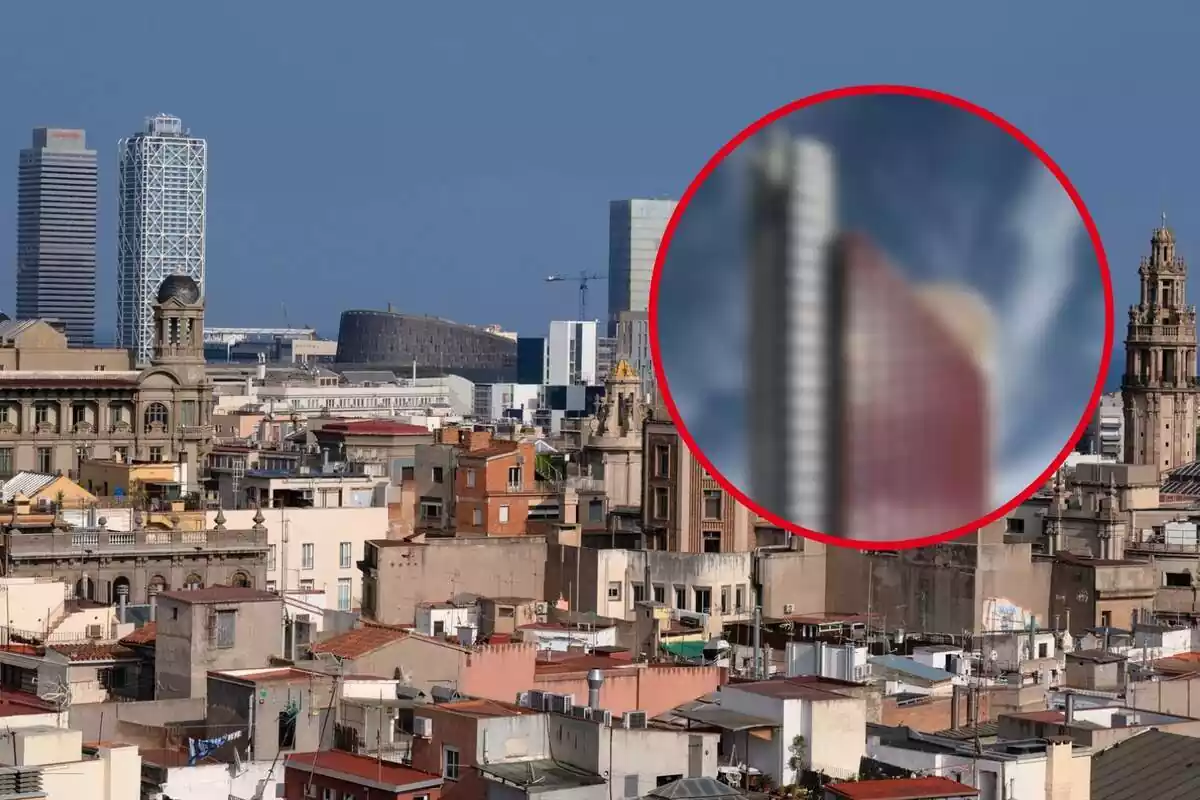 Montaje fotográfico entre una imagen de Barcelona y una torre de Hospitalet de Llobregat