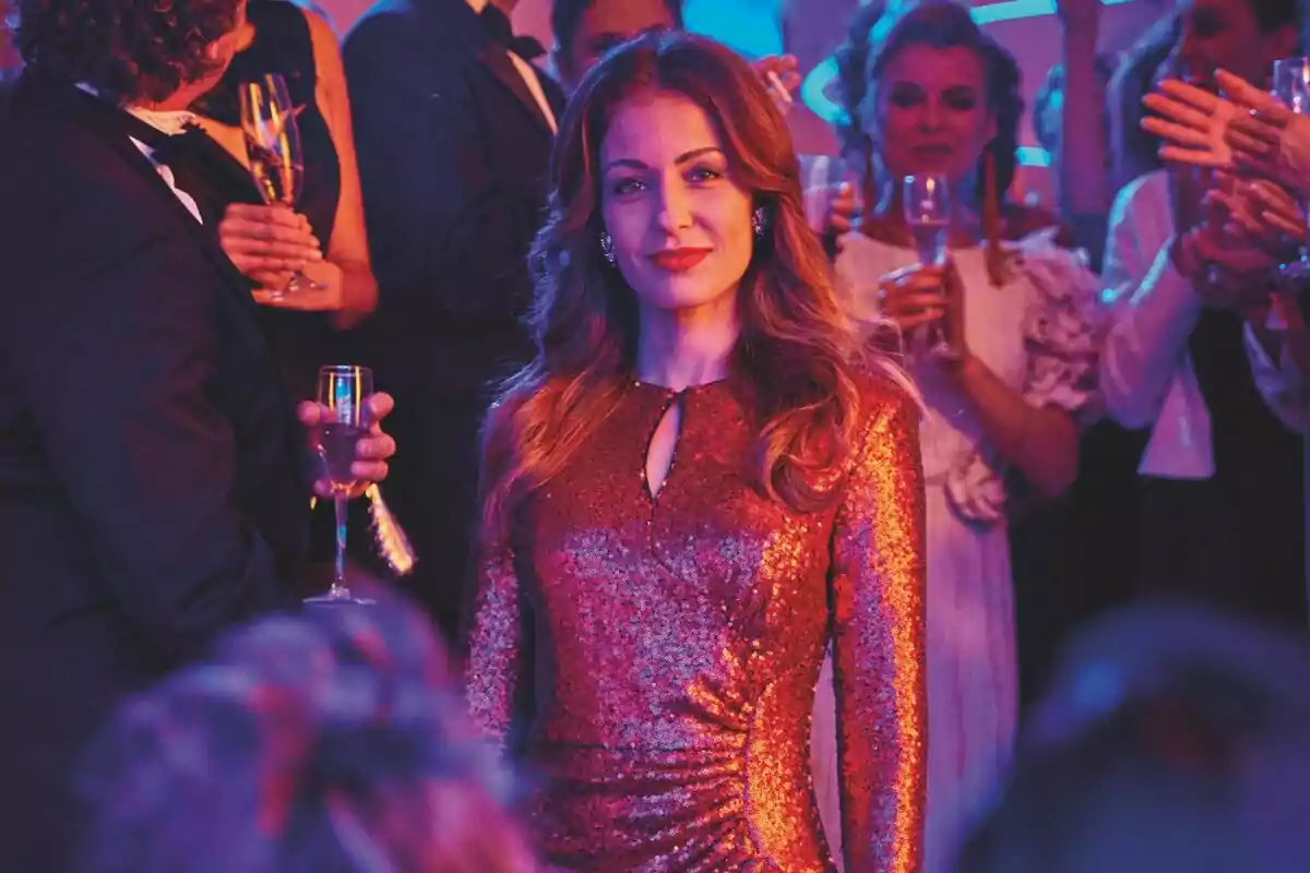Hiba Abouk con un vestido brillante rojo se encuentra en una fiesta rodeada de personas elegantes que sostienen copas de champán en Eva & Nicole. Hiba Abouk con un vestido brillante rojo se encuentra en una fiesta rodeada de personas elegantes que sostienen copas de champán en Eva & Nicole.