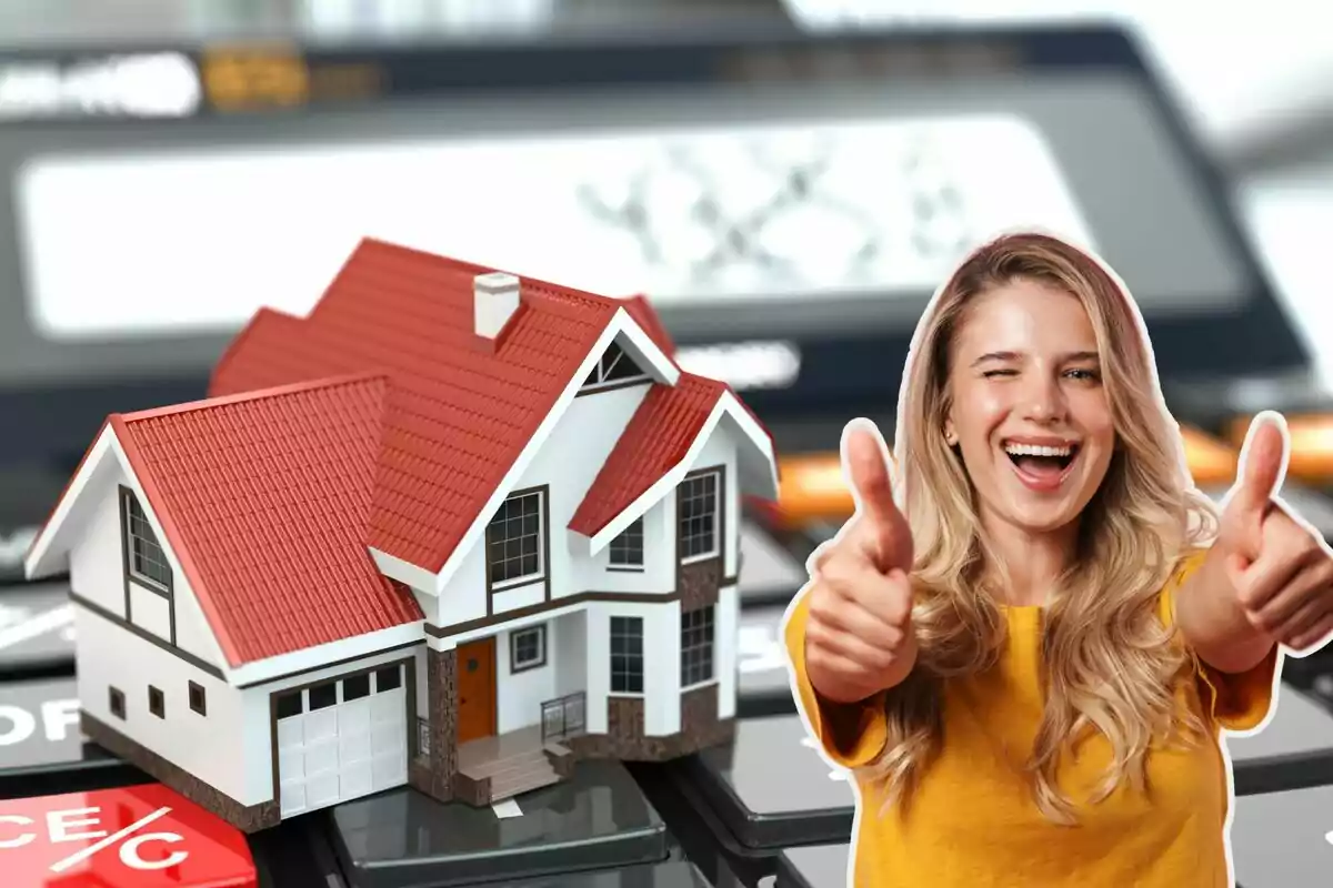 Una mujer sonriente con pulgares arriba junto a una maqueta de casa con techo rojo sobre un teclado de calculadora.