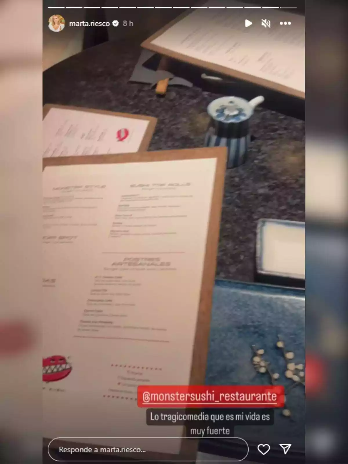 Historia de Instagram de Marta Riesco donde enseña la carta del restaurante 'Monster Sushi' Historia de Instagram de Marta Riesco donde enseña la carta del restaurante 'Monster Sushi'