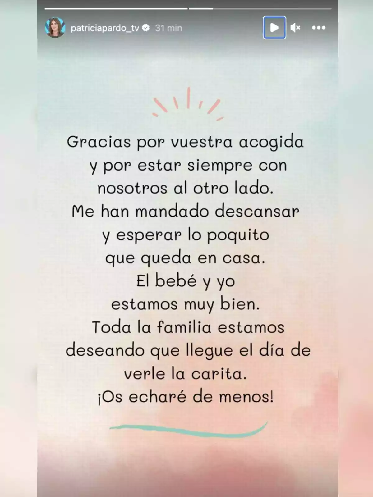 Historia de Instagram de Patricia Pardo anunciando su baja laboral prematura por su embarazo, subida el 1 de diciembre de 2023 Historia de Instagram de Patricia Pardo anunciando su baja laboral prematura por su embarazo, subida el 1 de diciembre de 2023