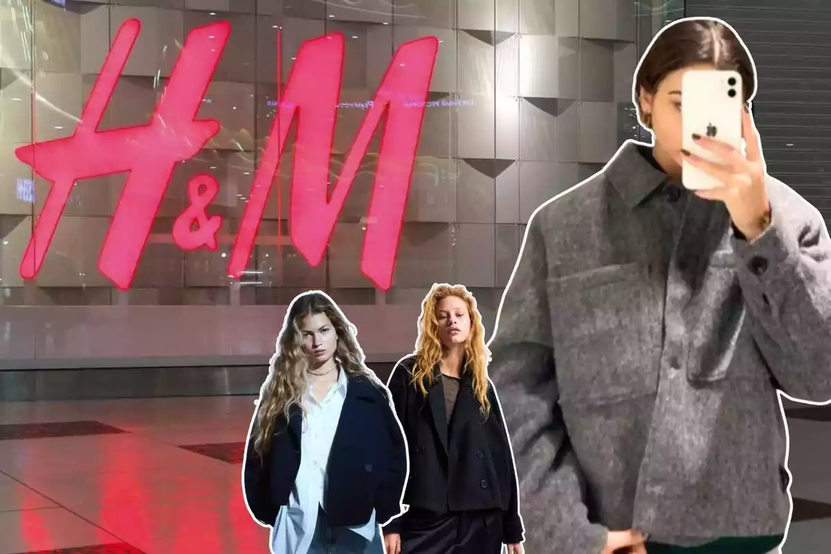 Imagen de fondo de una tienda un logo de una tienda H&M y otras imágenes en primer plano de tres chicas posando con un abrigo largo de H&M