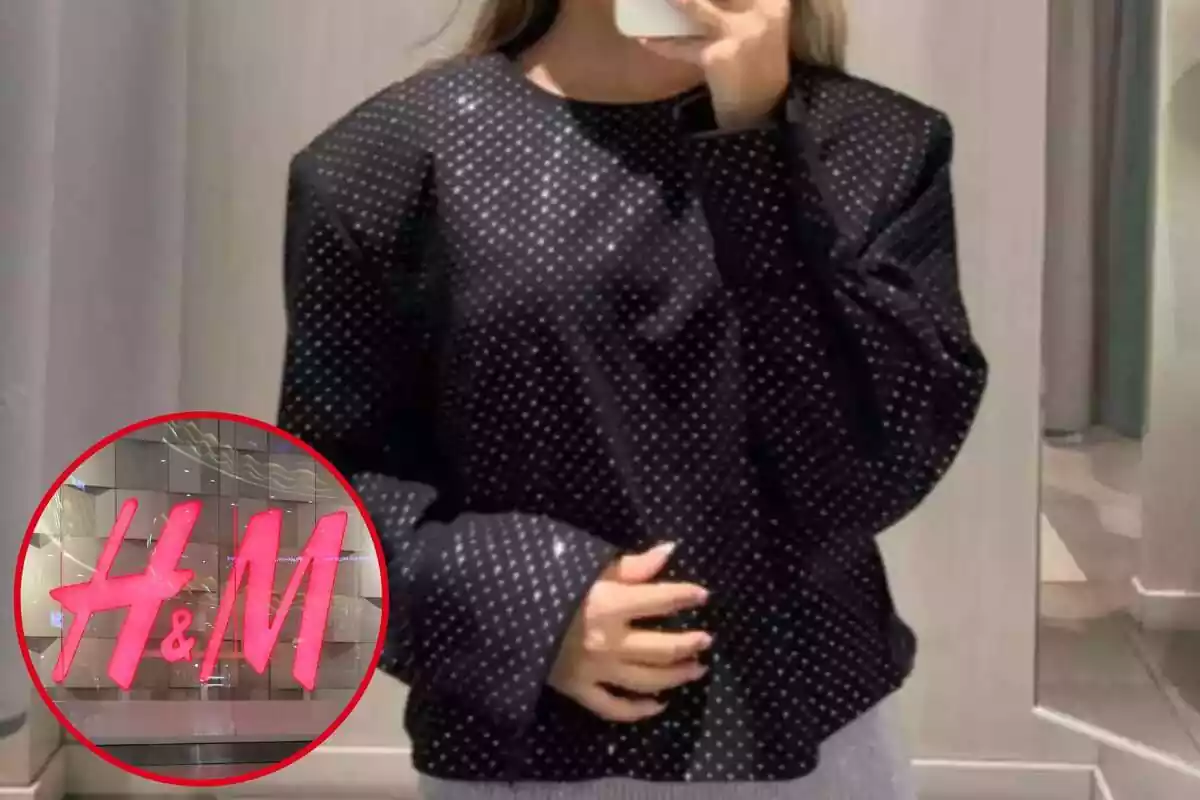 Imagen de fondo de una persona posando con una blusa en negro con brillos de H&M y otra de un logo de la misma marca