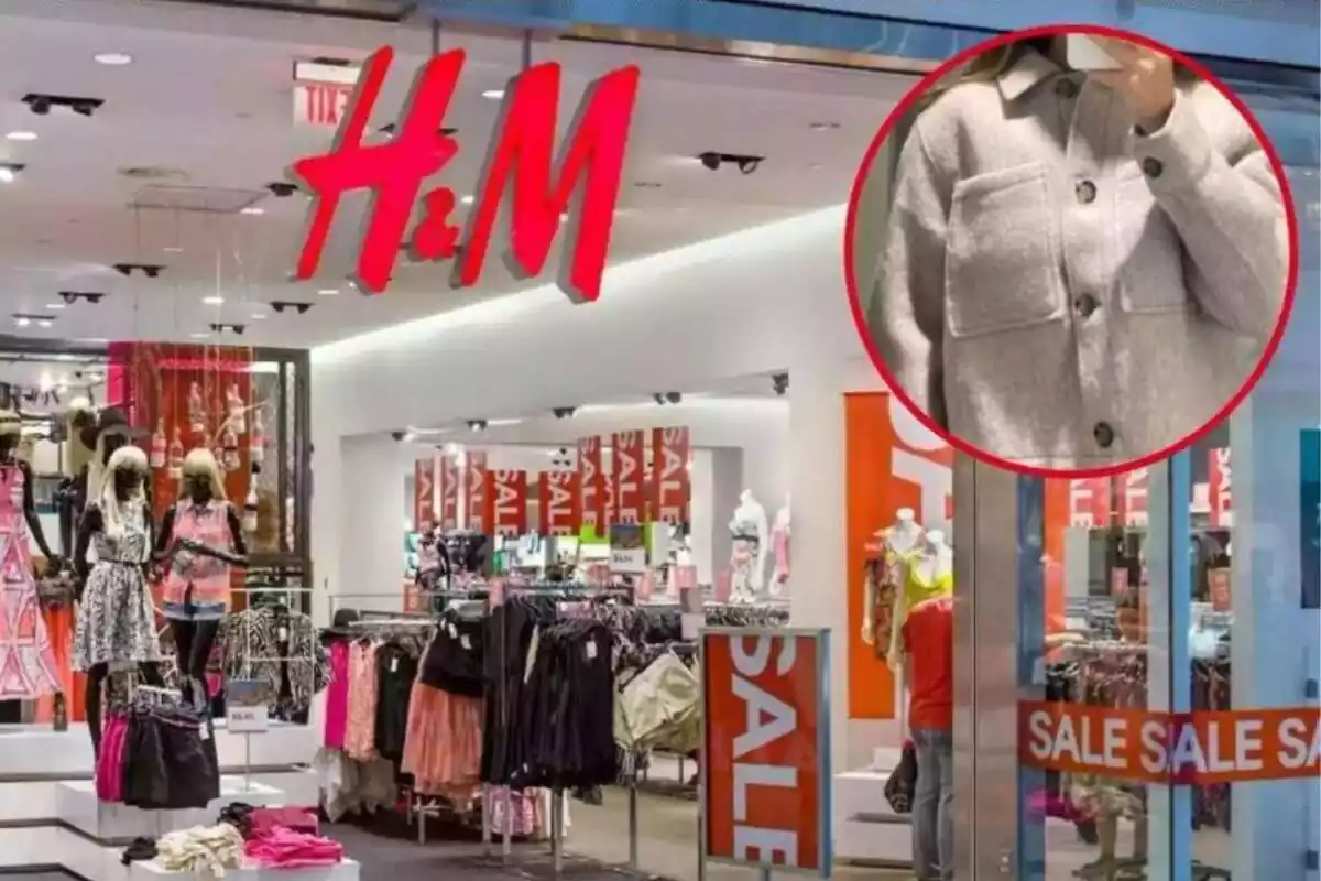 Imagen de fondo de una tienda H&M y otra de una persona posando con una chaqueta de la marca