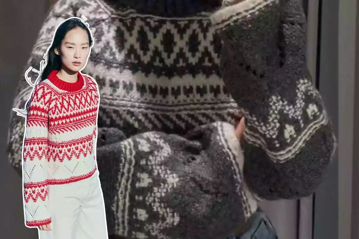 Imagen de fondo de un jersey gris con cenefa de H&M y otra imagen de una persona posando con el mismo jersey en rojo Imagen de fondo de un jersey gris con cenefa de H&M y otra imagen de una persona posando con el mismo jersey en rojo