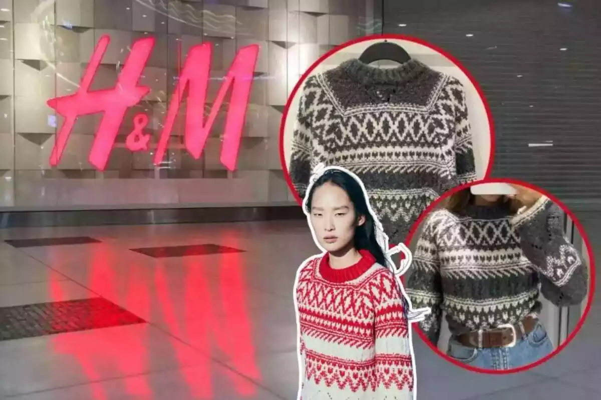 Imagen de fondo de una tienda H&M y otras imágenes de unas personas posando con un jersey de la marca con cenefas en color rojo y en color gris