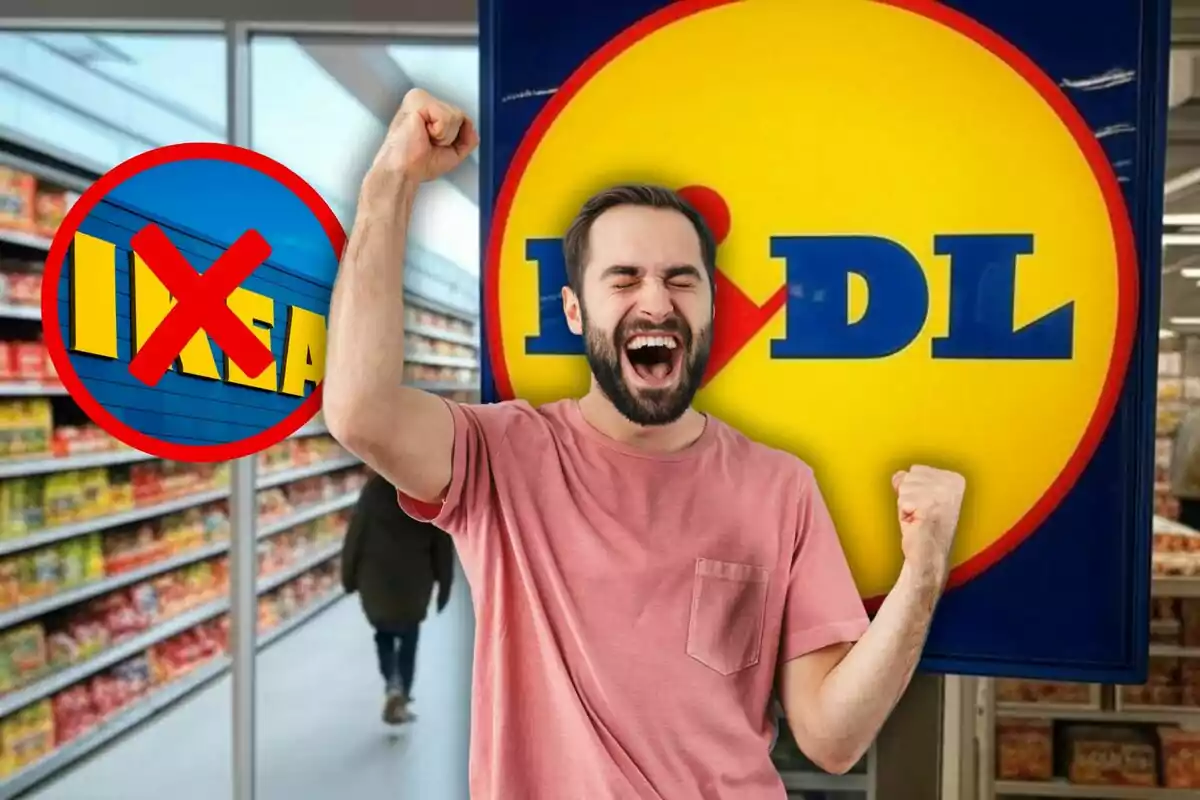 Un hombre con expresión de alegría levanta el puño frente a un cartel de supermercado, mientras un símbolo de prohibición cubre el logo de otra tienda.
