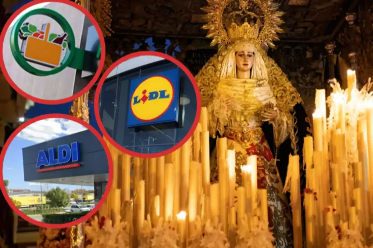 Una virgen en una procesión y una imagen de mercadona, lidl y aldi