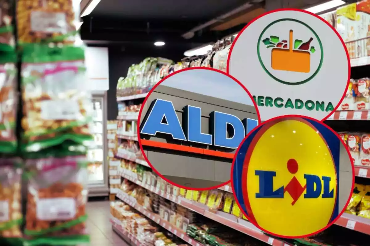 Logos de Aldi, Mercadona y Lidl en un supermercado