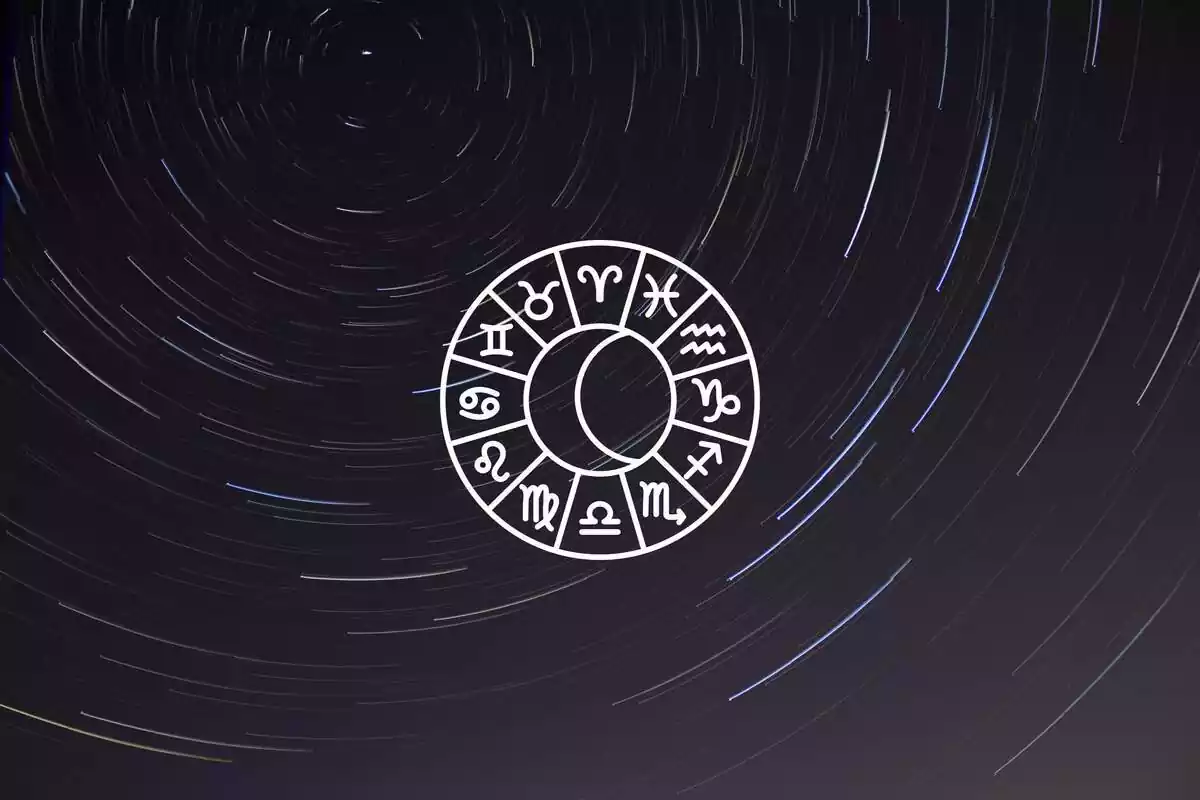 Una circunferencia de estrellas fugaces y en el centro una rueda zodiacal con una luna