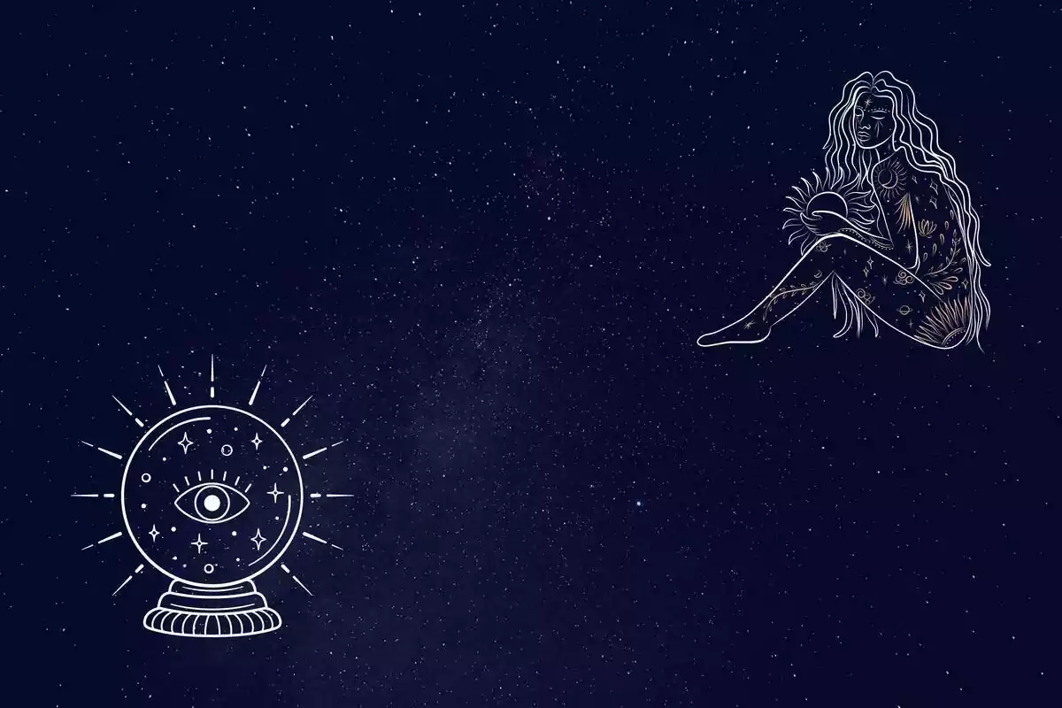Una mujer envuelta en signos del zodiaco y una bola de cristal con un ojo sobre un fondo estrellado