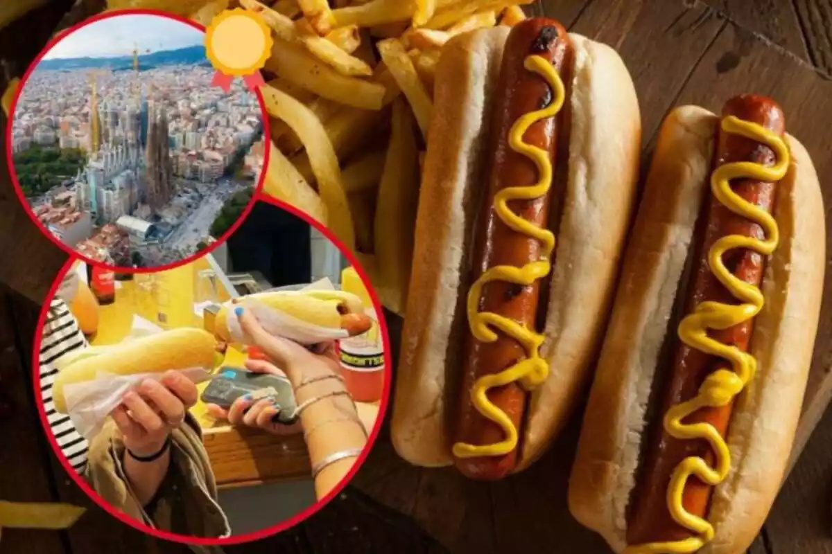 Imagen de fondo de dos hot dogs con patatas y otras dos imágenes, una de la ciudad de Barcelona a vista de pájaro y otra de unas personas con frankfurts en la mano en un local