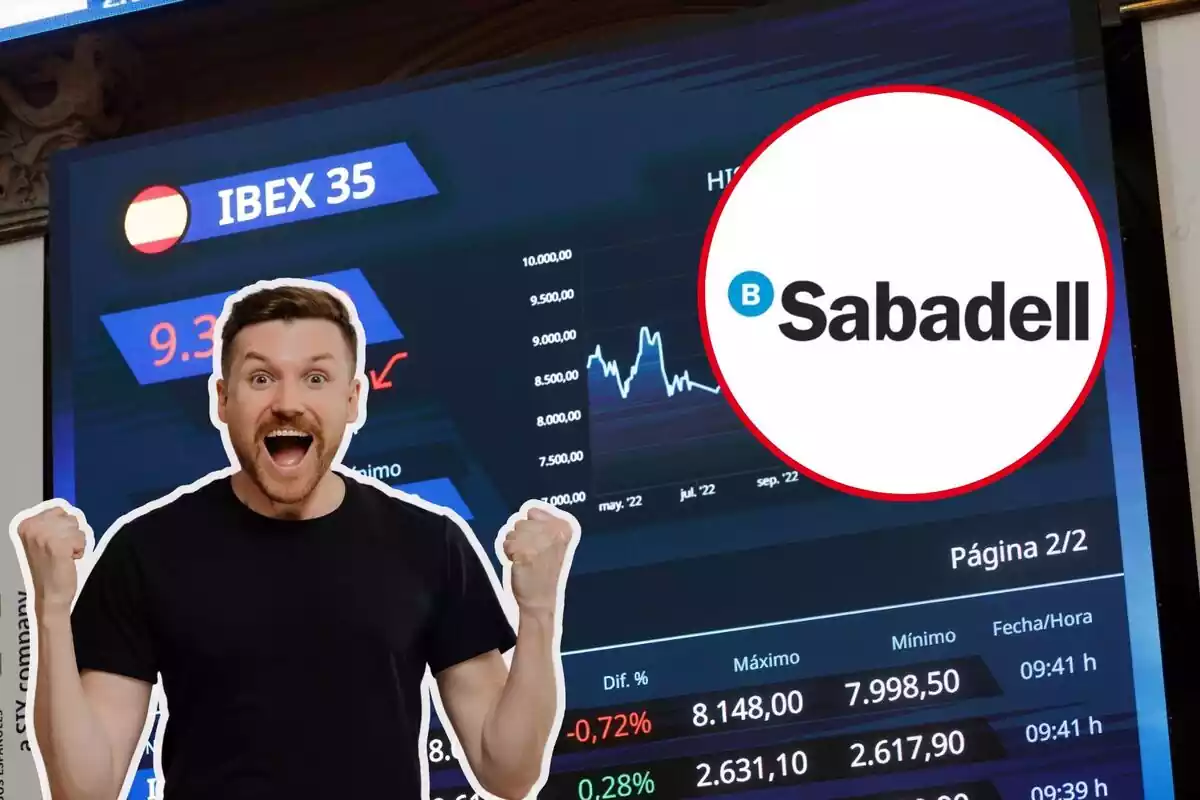 Una pantalla con los resultados de la Bolsa, con el logo del Sabadell y un hombre celebrando con los brazos en alto