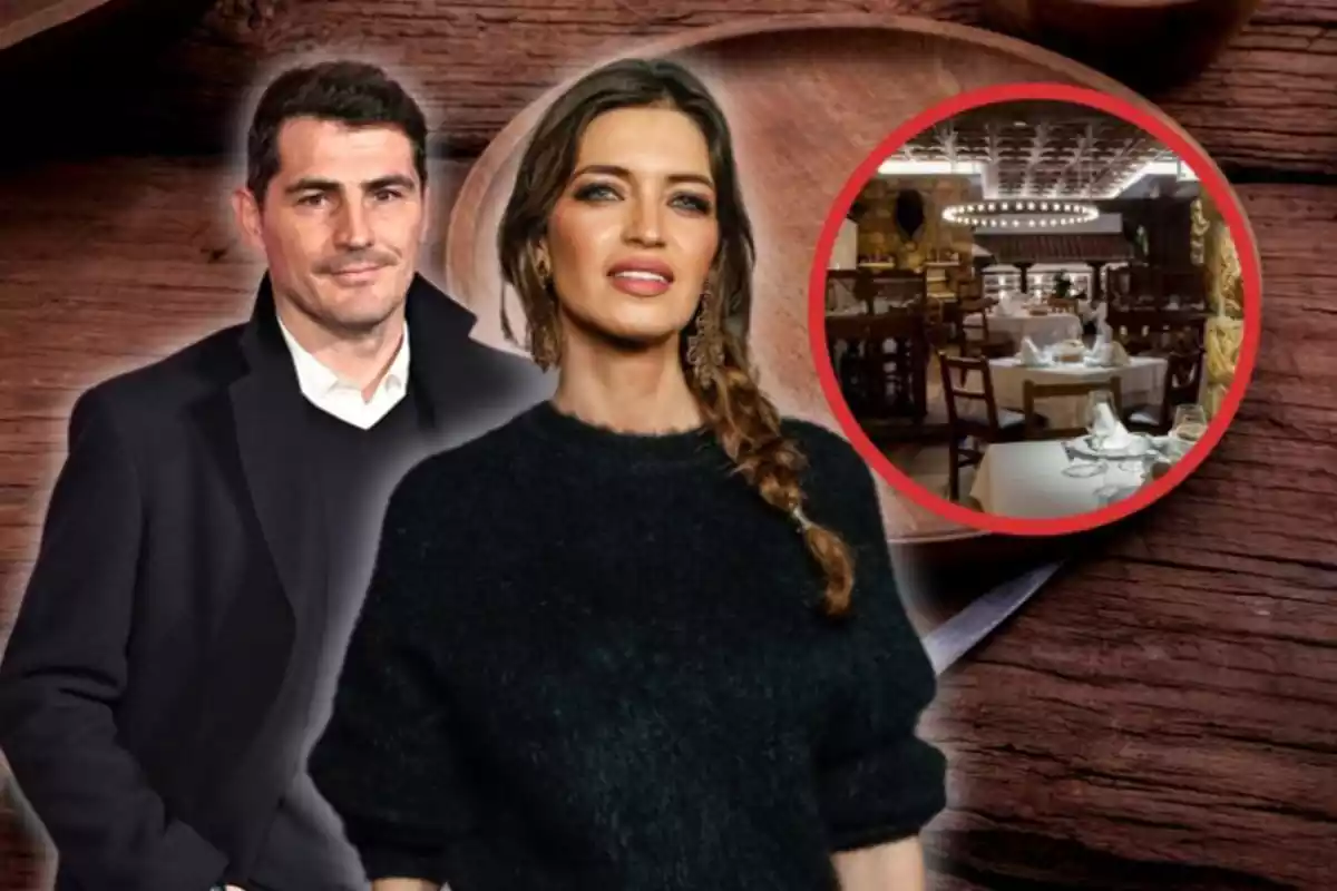 Iker Casillas y Sara Carbonero sobre un fondo de madera y a su derecha un círculo con un bar