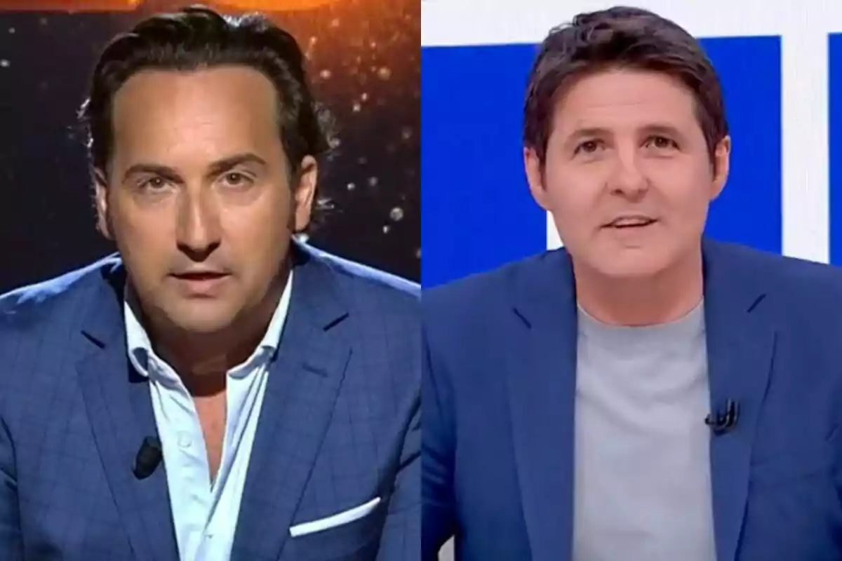 Iker Jiménez y Jesús Cintora con chaquetas azules aparecen en un montaje dividido, cada uno en un entorno diferente, uno con fondo oscuro y el otro con fondo claro.